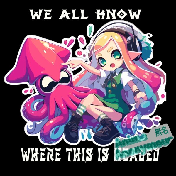 A black graphic t-shirt featuring an anime girl and a squid, titled "We Know Where This Is Headed".
