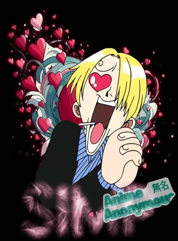A black graphic t-shirt featuring Sanji with heart eyes, titled "Simp"