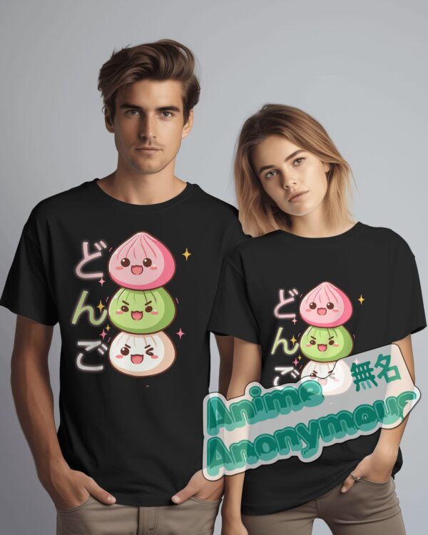 A black graphic t-shirt featuring three adorable dongo dumplings with faces.