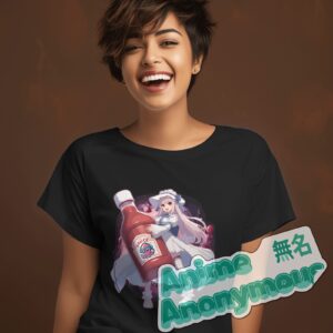 A black graphic t-shirt featuring an anime girl holding a bottle of sauce, titled "The Sauce"
