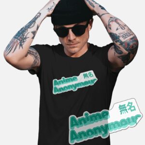 Text: A black graphic t-shirt featuring the logo "Anime Anonymous".
