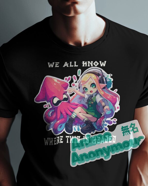 A black graphic t-shirt featuring an anime girl and a squid, titled "We Know Where This Is Going"
