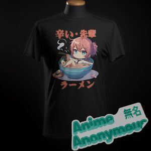 A black graphic t-shirt featuring an anime boss in a bowl of ramen, titled "Spicy Senpai Ramen