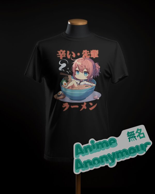 A black graphic t-shirt featuring an anime boss in a bowl of ramen, titled "Spicy Senpai Ramen